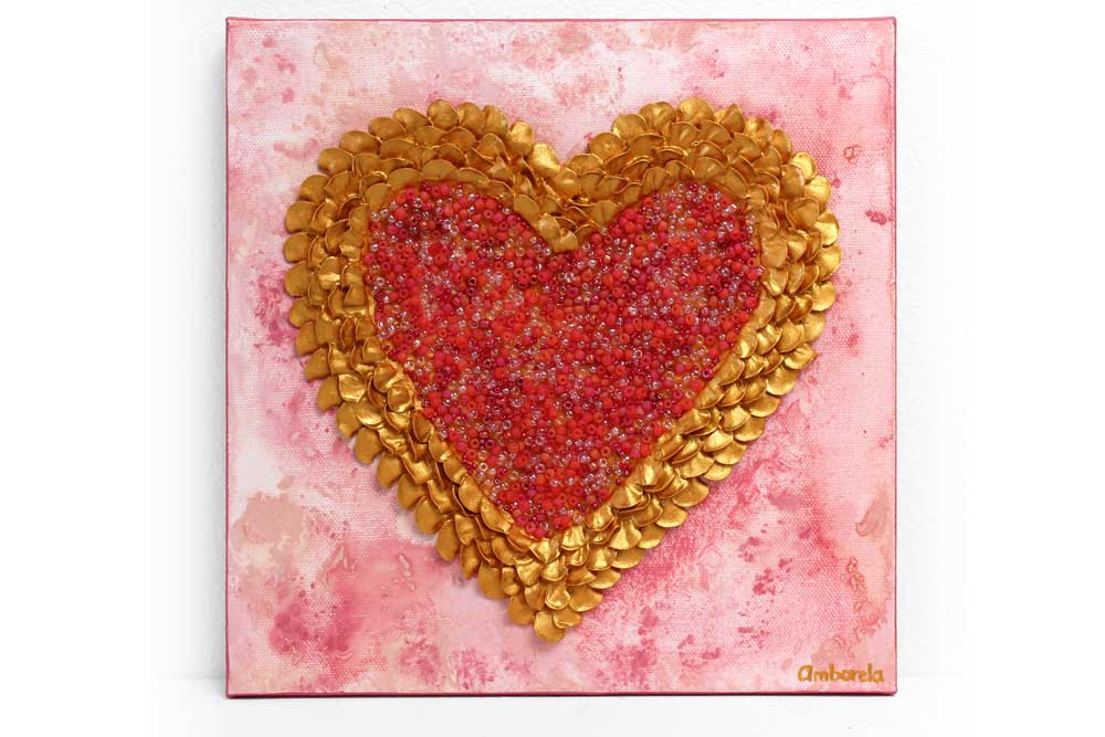 Sculpted Heart Painting on Canvas in Pink, Gold, Small